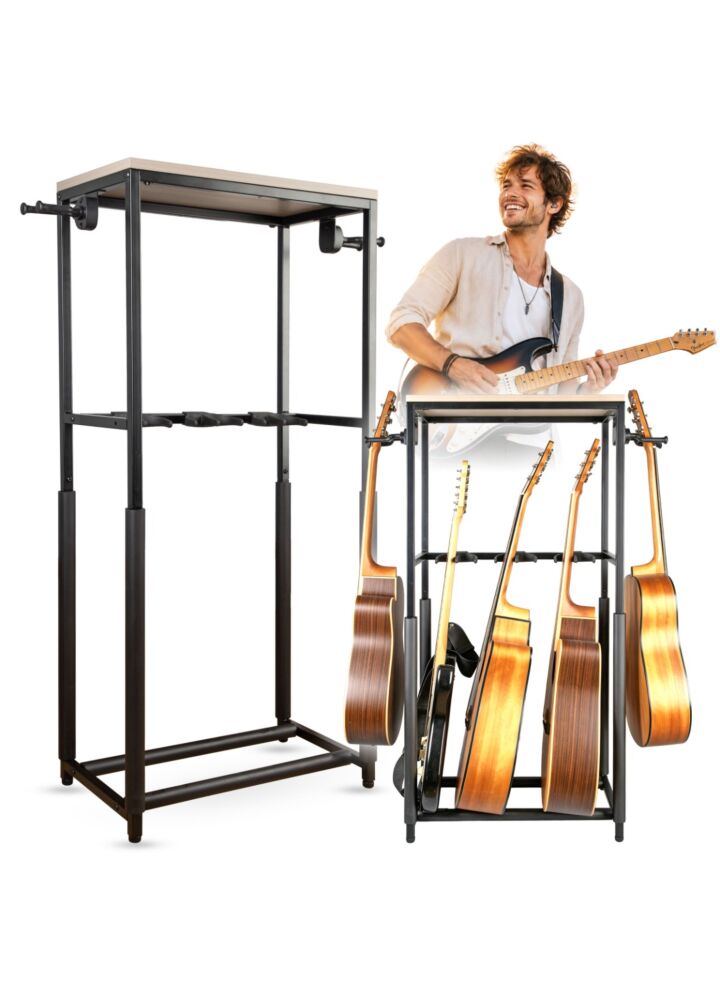 DNA GBOX statyw gitarowy stojak na 5 gitar stacjonarny stalowy czarny półka na akcesoria 3 separatory 2 uchwyty boczne z grawitacyjną blokadą ramion 120 cm do 60 kg zestaw