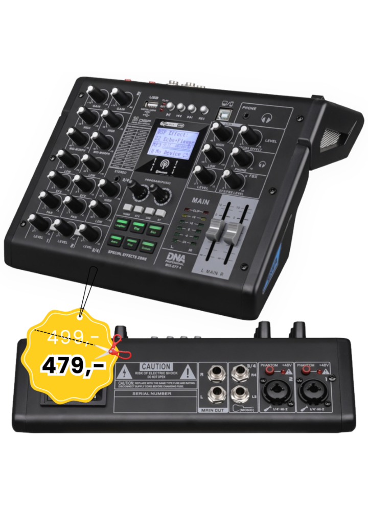 DNA MIX-EFF 4 analogowy mikser dźwięku 4 kanały USB MP3 Bluetooth Phantom +48V DSP EQ efekty dźwiękowe