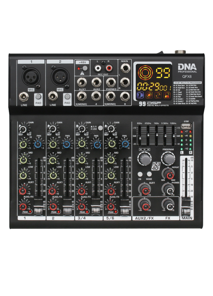DNA QFX6 analogowy mikser dźwięku 6 kanałów Bluetooth USB MP3 Phantom +48V DSP