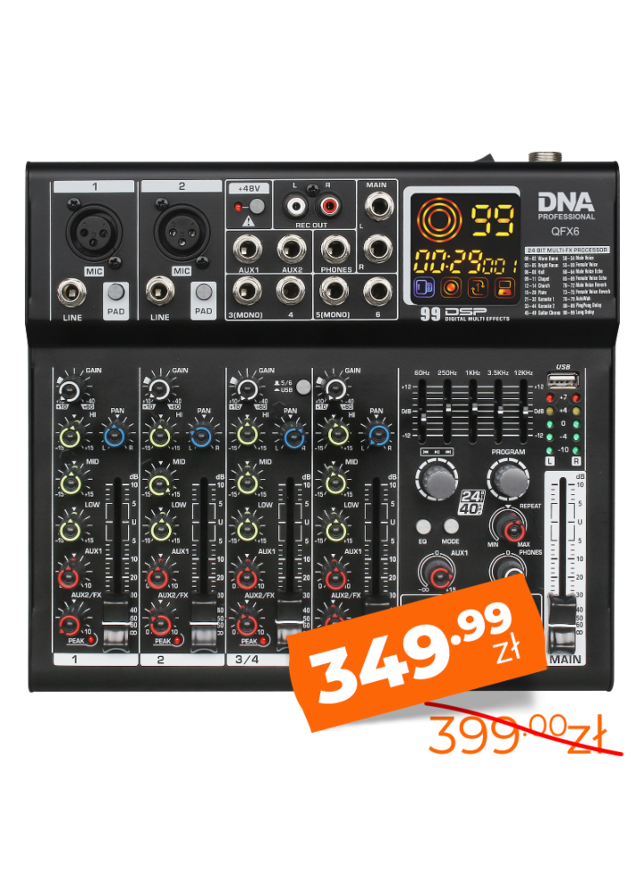 DNA QFX6 analogowy mikser dźwięku 6 kanałów Bluetooth USB MP3 Phantom +48V DSP
