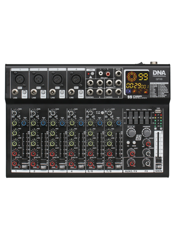 DNA QFX8 analogowy mikser dźwięku 8 kanałów Bluetooth USB MP3 Phantom +48V DSP