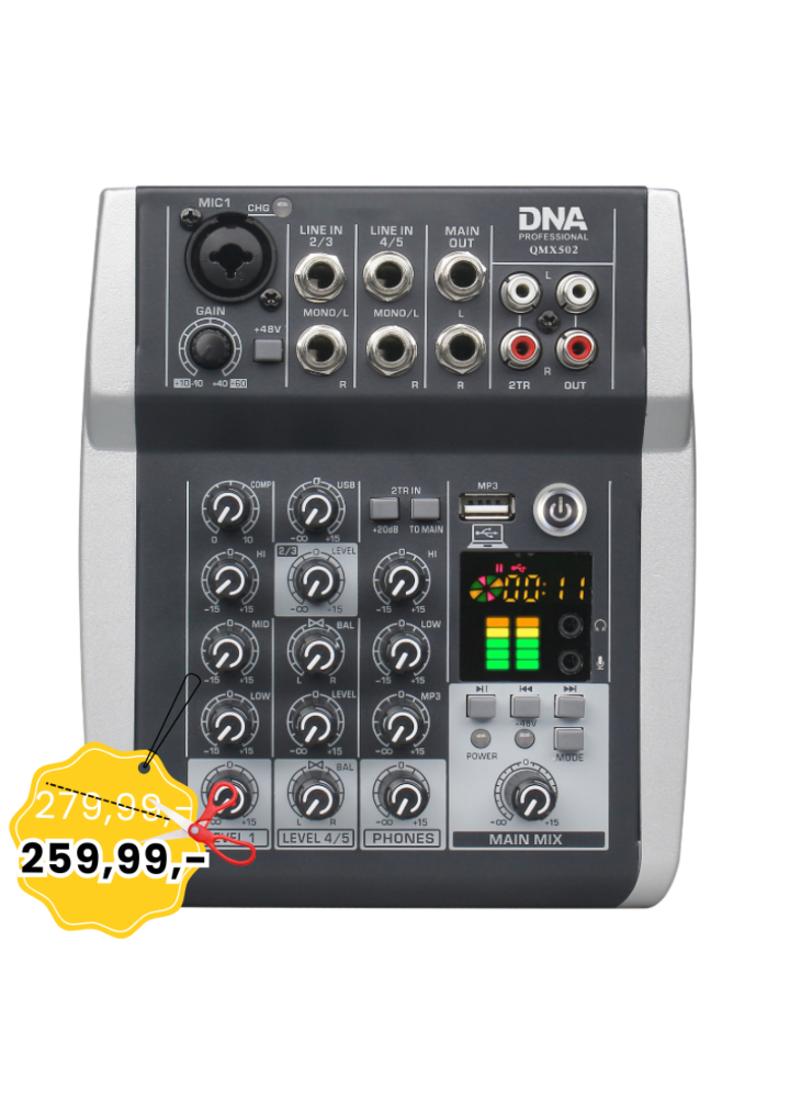 DNA QMX502 analogowy mikser dźwięku 5 kanałów Bluetooth USB MP3 Phantom +48V akumulator 2500 mAh