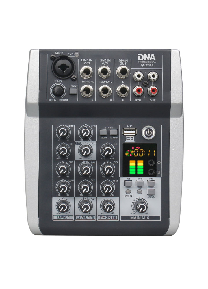 DNA QMX502 analogowy mikser dźwięku 5 kanałów Bluetooth USB MP3 Phantom +48V akumulator 2500 mAh