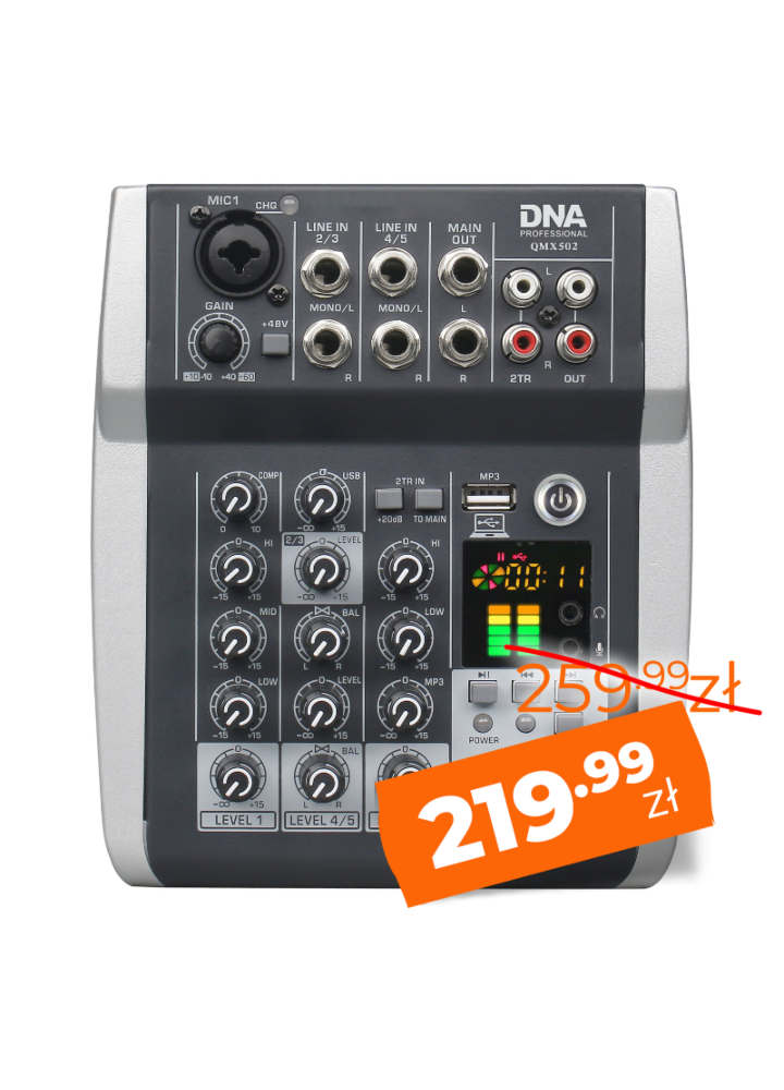 DNA QMX502 analogowy mikser dźwięku 5 kanałów Bluetooth USB MP3 Phantom +48V akumulator 2500 mAh