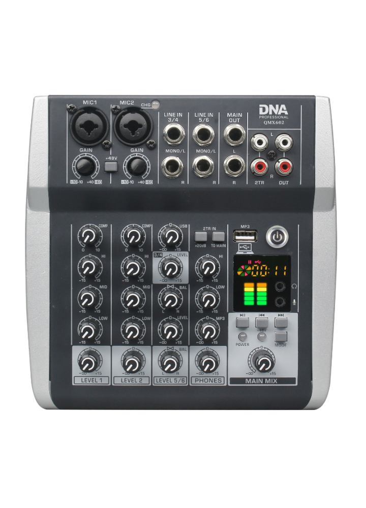 DNA QMX602 analogowy mikser dźwięku 6 kanałów Bluetooth USB MP3 Phantom +48V akumulator 2500 mAh