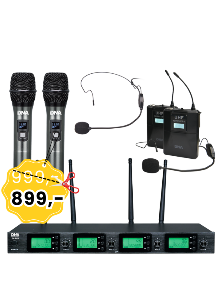 DNA RV-4 MIX mikrofon bezprzewodowy 2x nadajnik doręczny 2x nadajnik nagłowny + bodypack odbiornik zestaw UHF 518-542 MHz