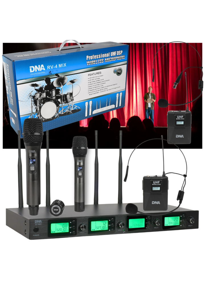 DNA RV-4 MIX wireless microphone 2x handheld transmitter 2x headset transmitter + bodypack receiver set UHF 518-542 MHz