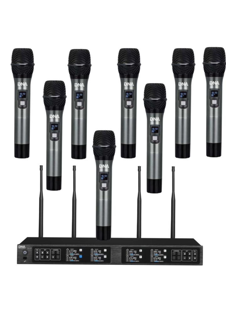 DNA RV-8 zestaw bezprzewodowy 8x bateryjny mikrofon doręczny odbiornik UHF 610-690 MHz 8x40 kanałów