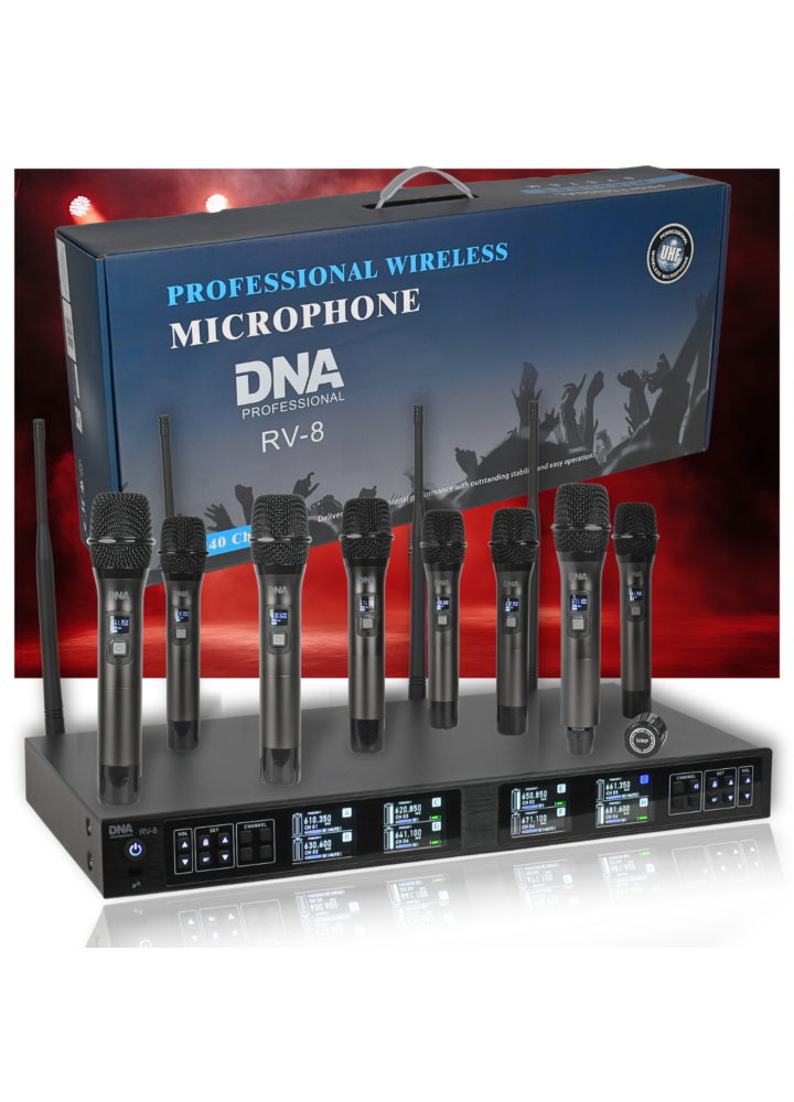 DNA RV-8 zestaw bezprzewodowy 8x bateryjny mikrofon doręczny odbiornik UHF 610-690 MHz 8x40 kanałów
