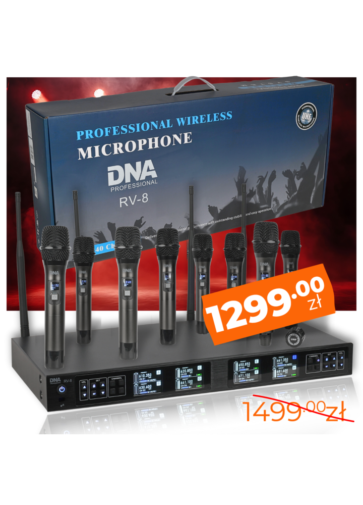 DNA RV-8 zestaw bezprzewodowy 8x bateryjny mikrofon doręczny odbiornik UHF 610-690 MHz 8x40 kanałów