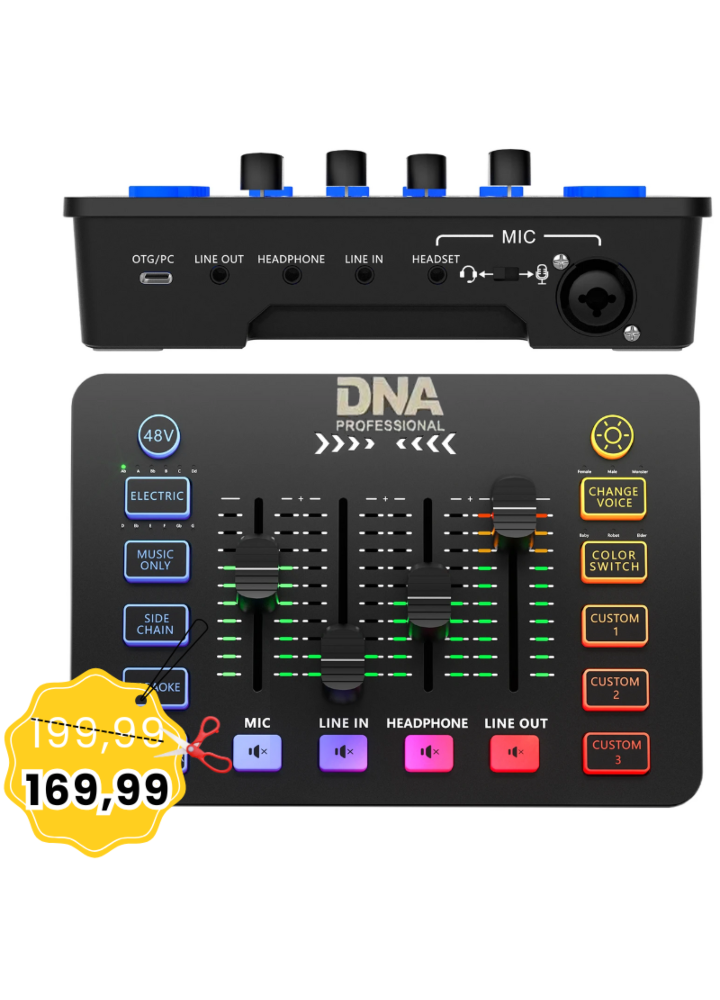 DNA SC ONE analogowy mikser audio 2 kanały USB-C Phantom podświetlenie RGB zmiana głosu pogłos personalizowane efekty dźwiękowe