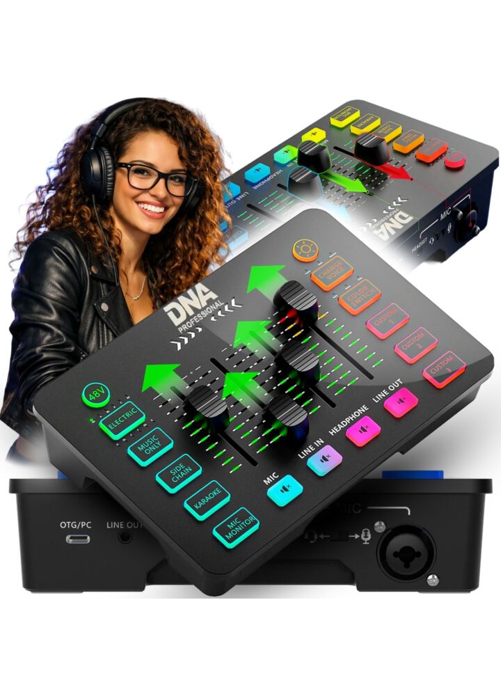 DNA SC ONE analogowy mikser audio 2 kanały USB-C Phantom podświetlenie RGB zmiana głosu pogłos personalizowane efekty dźwiękowe