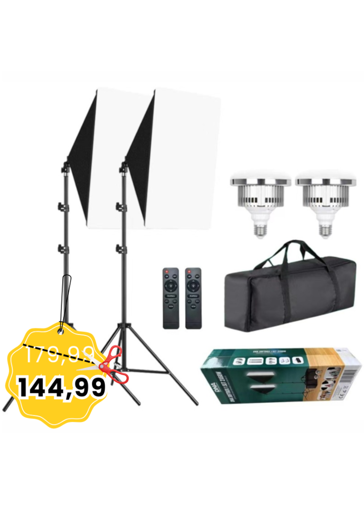 DNA SOFTBOX 1 SET 2X60W prostokątny odbłyśnik 50x70 cm lampa studyjna fotograficzna bezcieniowa statyw 200 cm pokrowiec pilot zestaw 2 szt.