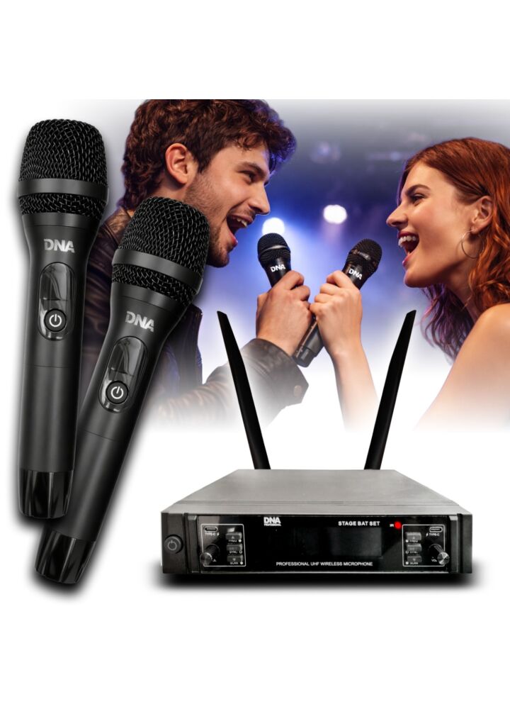 DNA STAGE BAT SET zestaw bezprzewodowy 2x akumulatorowy mikrofon doręczny odbiornik UHF 518-542 MHz 2x48 kanałów 2x wyjście zasilania USB-C