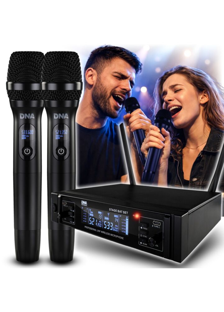 DNA STAGE BAT SET zestaw bezprzewodowy 2x akumulatorowy mikrofon doręczny odbiornik UHF 518-542 MHz 2x48 kanałów 2x wyjście zasilania USB-C