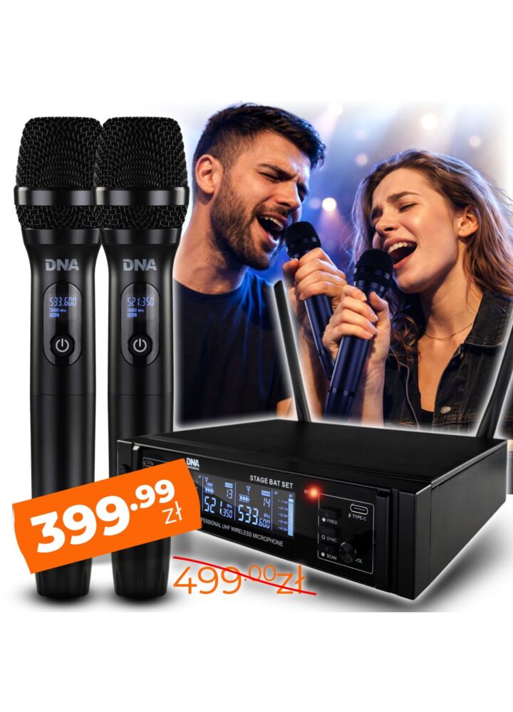 DNA STAGE BAT SET zestaw bezprzewodowy 2x akumulatorowy mikrofon doręczny odbiornik UHF 518-542 MHz 2x48 kanałów 2x wyjście zasilania USB-C