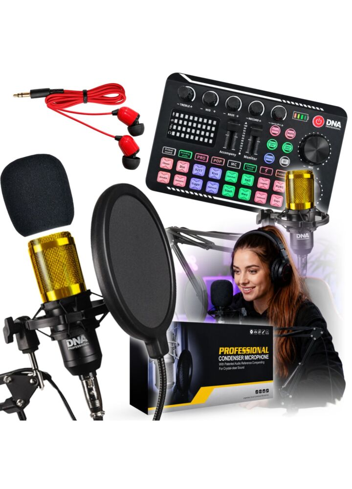 DNA STUDIO SET zewnętrzna karta dźwiękowa Bluetooth USB-C mikrofon pojemnościowy słuchawki statyw kosz antywstrząsowy osłona przeciwwietrzna pop filtr zestaw do streamingu nagrywania głosu transmisji live