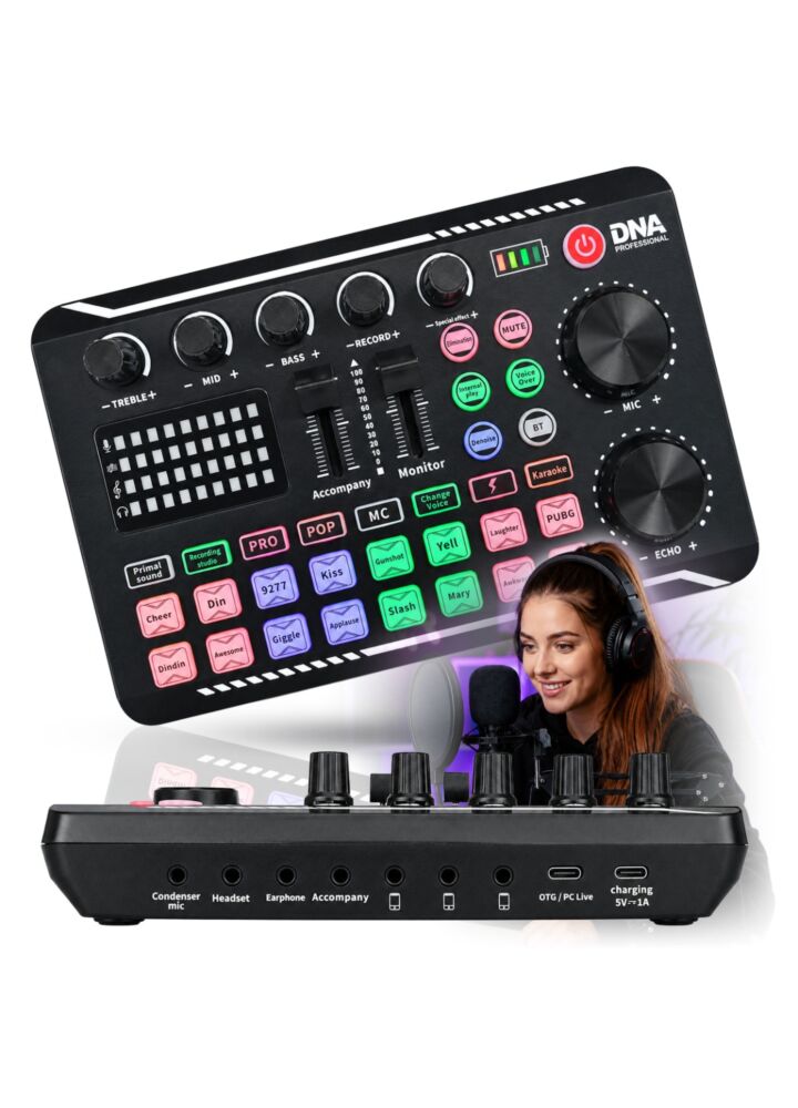 DNA STUDIO CARD akumulatorowa zewnętrzna karta dźwiękowa interfejs audio USB-C Bluetooth do streamingu transmisji live podcastów nagrywania głosu karaoke 16 efektów dźwiękowych 8 presetów głosu 1200 mAh