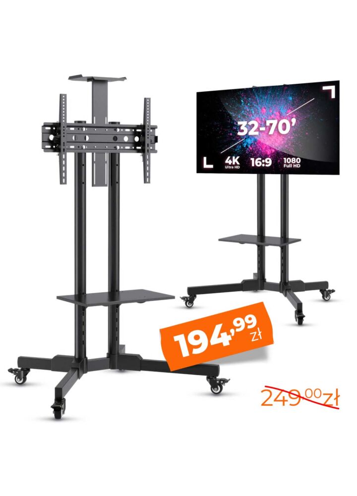DNA TV STAND statyw podłogowy czarny stalowy uchwyt do telewizora 32-70 cali półka górna dolna kółka do 50 kg