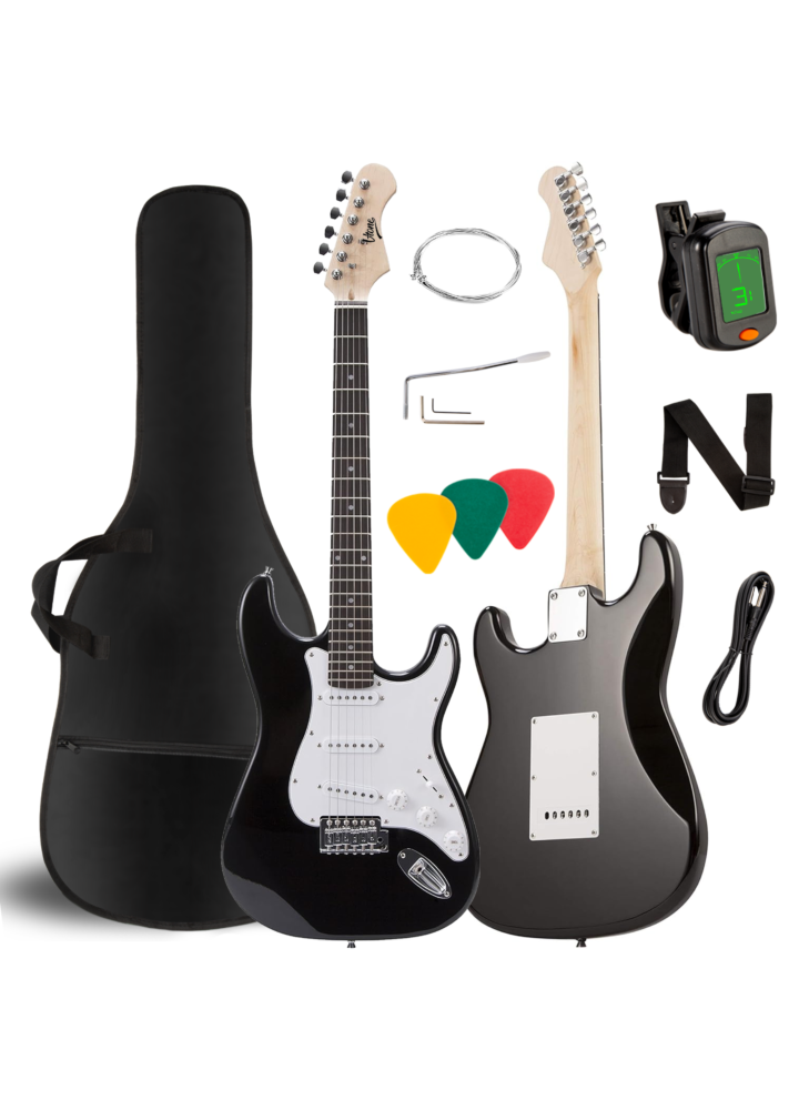 V-TONE EG 39 BK gitara elektryczna 4/4 stratocaster 39" SSS pokrowiec pasek przewód jack-jack tuner kostki do gry struny ramię tremolo klucze imbusowe zestaw