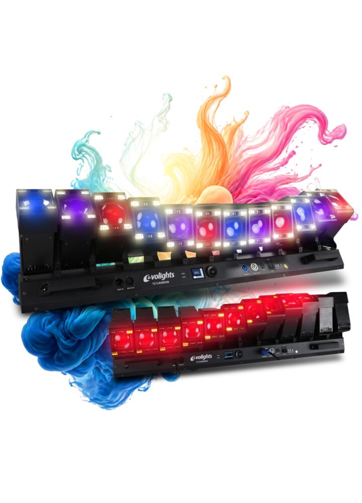 EVOLIGHTS 12 CANNON multiefekt oświetleniowy oświetlenie sceniczne LED DMX 12x głowica ruchoma beam 12x40W RGBW + 432x1W CW/WW 2x uchwyt montażowy omega