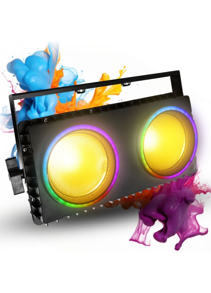 EVOLIGHTS BLINDER IP65 2x150W oświetlacz sceniczny LED DMX 2x150W CW/WW COB + 72x0,3W RGB efekt ring uchwyt montażowy omega