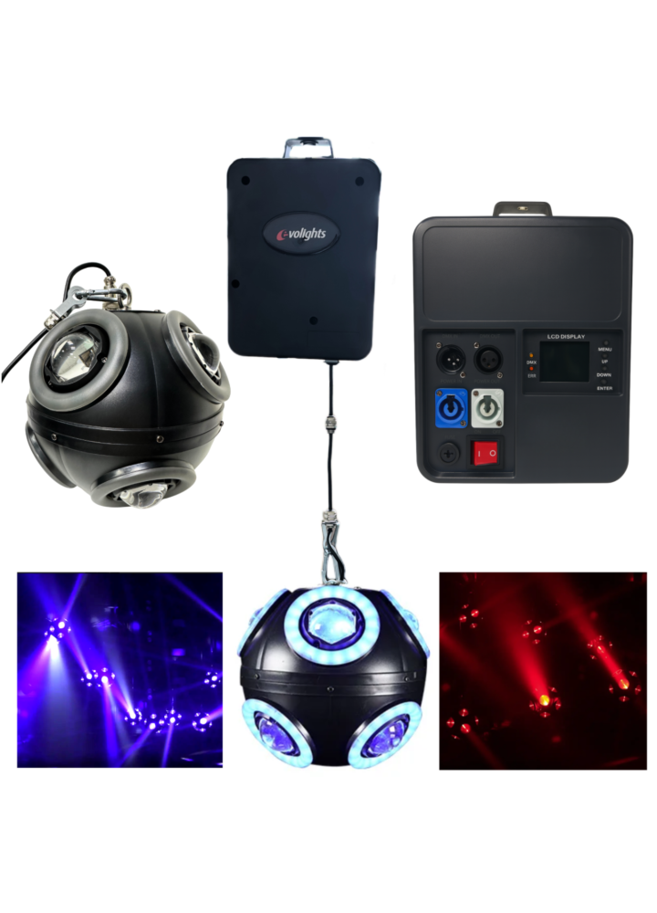 EVOLIGHTS COSMIC BALL multiefekt świetlny DMX oświetlenie sceniczne dyskotekowe klubowe LED 360° beam ring regulowana wysokość 0-3 m 8x10W RGBW+96x0,5W RGB SMD 5050