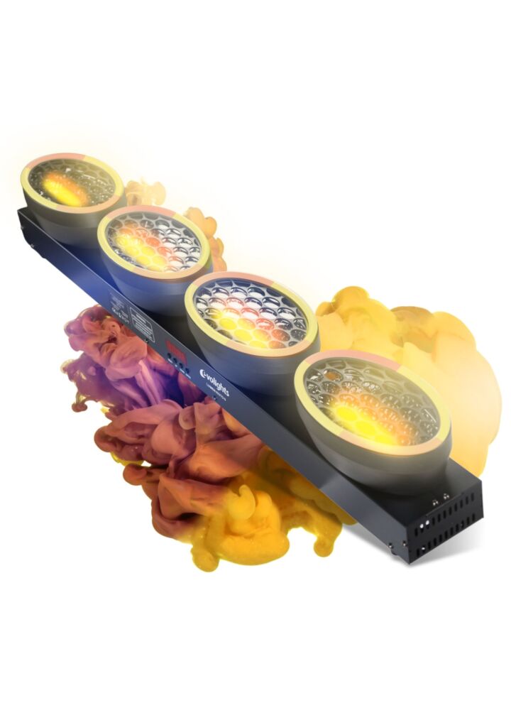 EVOLIGHTS LUMEN ROTO 0 ruchomy efekt oświetleniowy LED DMX nieskończona rotacja 4x40W WW COB + 220x0,2W RGB efekt ring efekt tła 2x uchwyt montażowy omega 2x łącznik do urządzeń