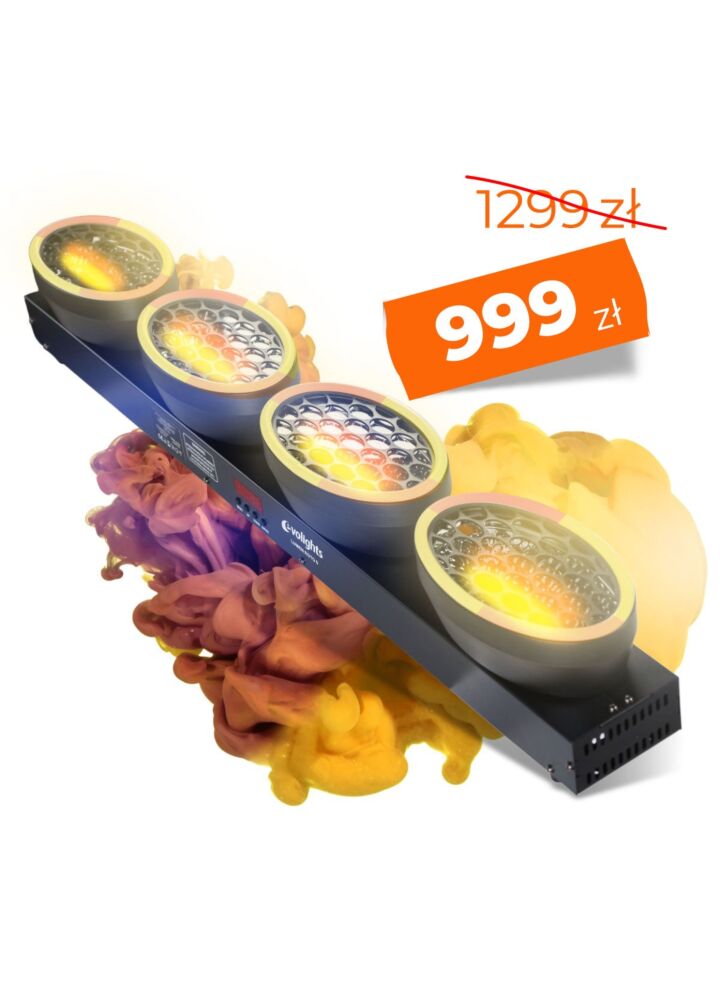 EVOLIGHTS LUMEN ROTO 0 ruchomy efekt oświetleniowy LED DMX nieskończona rotacja 4x40W WW COB + 220x0,2W RGB efekt ring efekt tła 2x uchwyt montażowy omega 2x łącznik do urządzeń