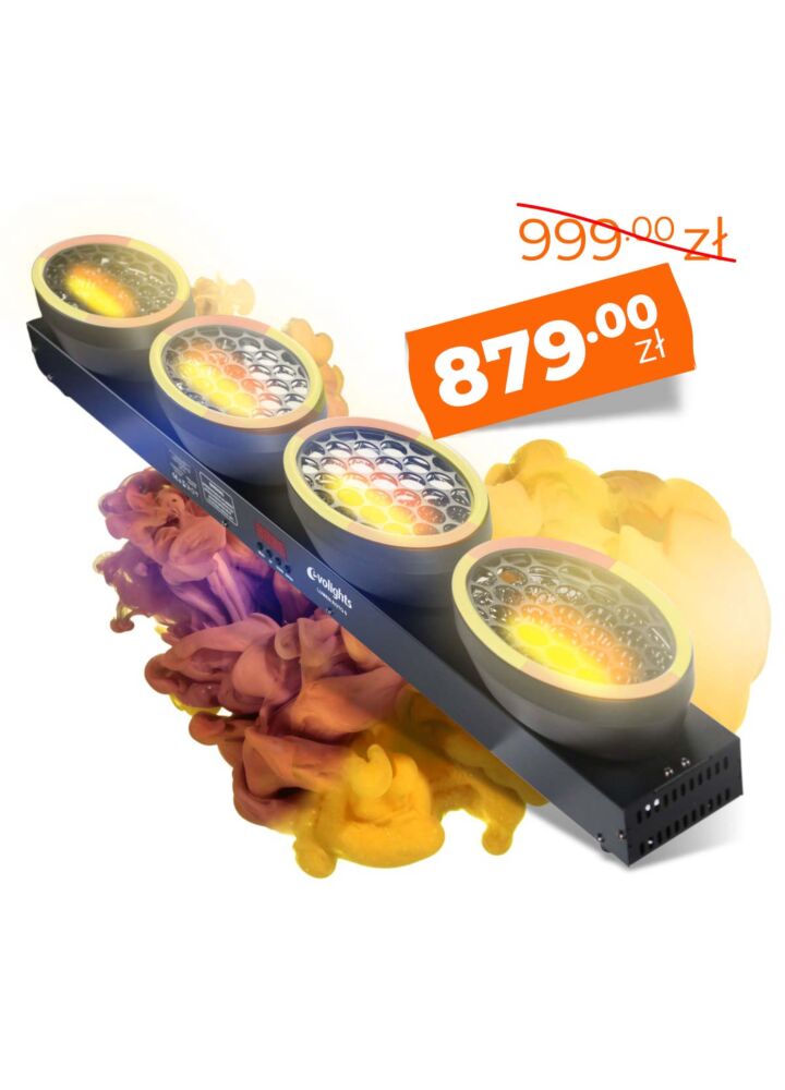EVOLIGHTS LUMEN ROTO 0 ruchomy efekt oświetleniowy LED DMX nieskończona rotacja 4x40W WW COB + 220x0,2W RGB efekt ring efekt tła 2x uchwyt montażowy omega 2x łącznik do urządzeń