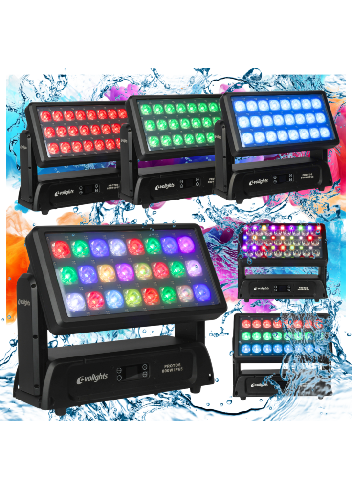 EVOLIGHTS PROTOS 800W IP65 wall washer oświetlenie zewnętrzne LED Art-Net DMX RDM sACN 24x25W RGBL LED 4w1 + 144x0,3W RGBW LED efekt aura
