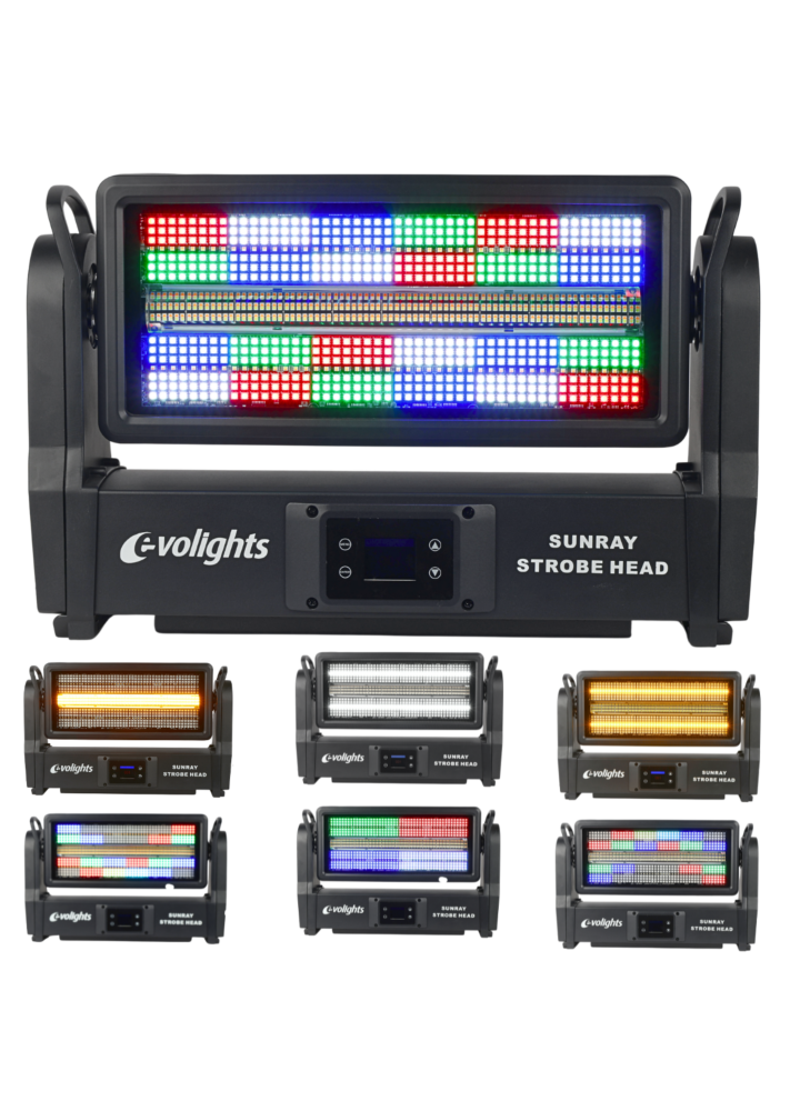 EVOLIGHTS SUNRAY STROBE HEAD ruchomy stroboskop sceniczny IP65 oświetlenie LED efekt świetlny 576x0,2W RGB SMD 5050+336x1W CW/A SMD 3030 2x uchwyt montażowy omega