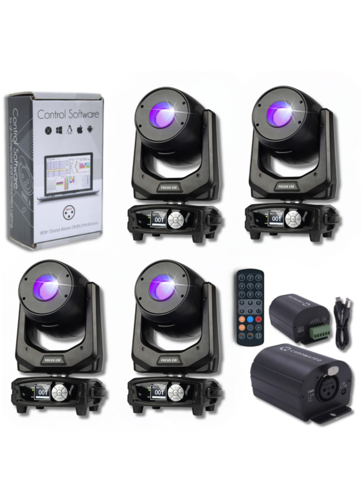 ZESTAW 4X GŁOWICA RUCHOMA LED LIGHT4ME FOCUS 150 SPOT + CHROMATEQ CLUB 512 profesjonalny zestaw oświetleniowy + GOTOWY SYSTEM Z 15 SCENAMI O WARTOŚCI 199ZŁ GRATIS!
