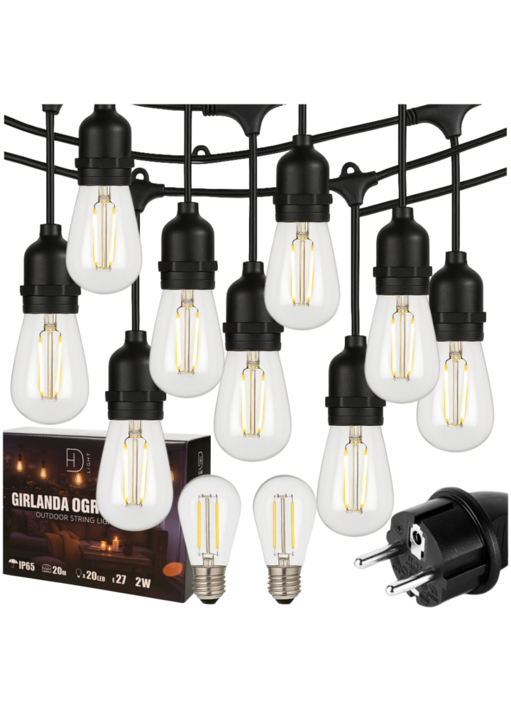 DH Light Garden Garland E27/20/20/2W/IP65 lighting string outdoor lights 20m 20x E27 LED 2W bulb warm white double filament IP65