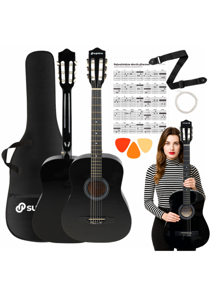 SUPRIMO CGS2 BK gitara klasyczna 4/4 czarna do nauki dla początkujących kostki pasek zapasowe struny pokrowiec akordy zestaw