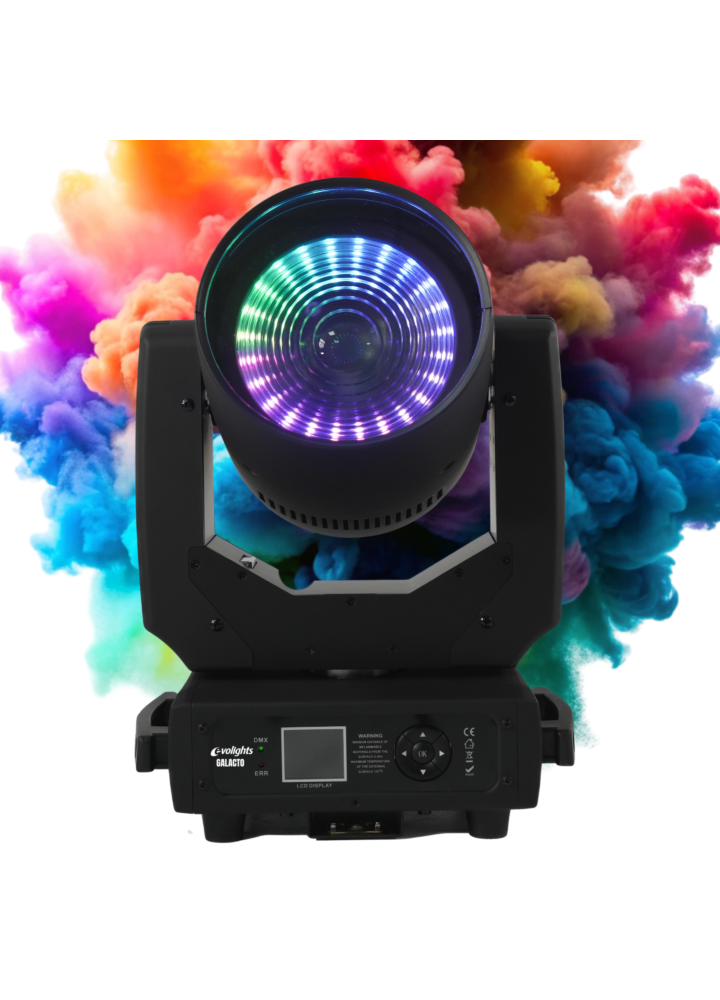 EVOLIGHTS GALACTO głowica ruchoma beam wash oświetlenie sceniczne 120W RGBL LED + 24x0,1W RGB SMD5050 LED efekt ring