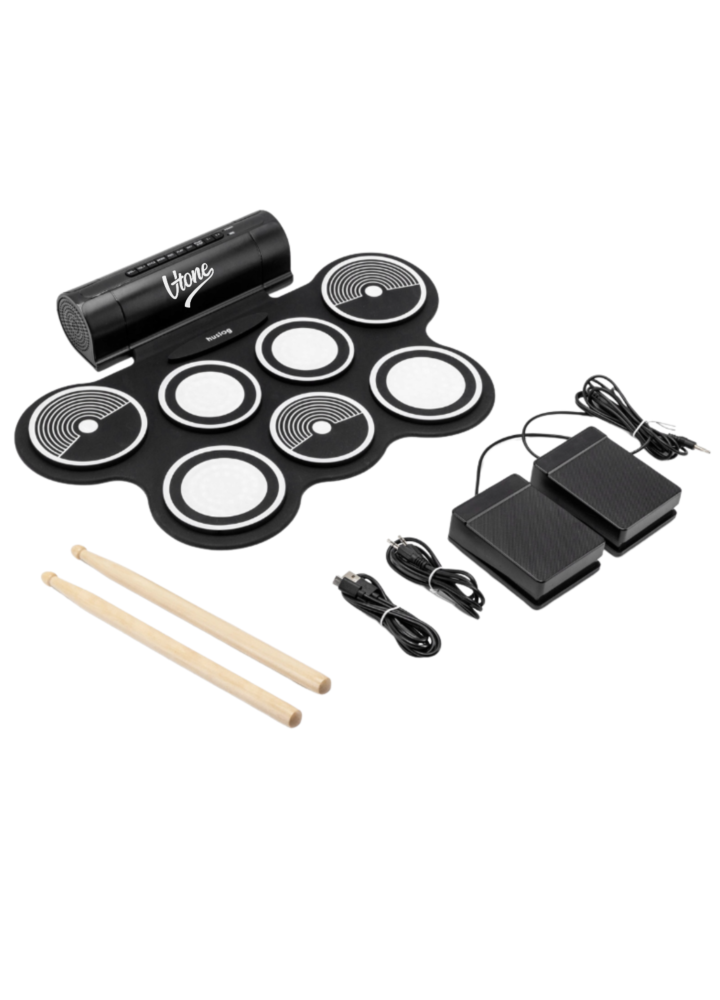 V-TONE RD7 perkusja elektroniczna zwijana USB-C AUX 7 padów pedały pałeczki wbudowane głośniki 2x3W wyjście słuchawkowe zestaw perkusyjny