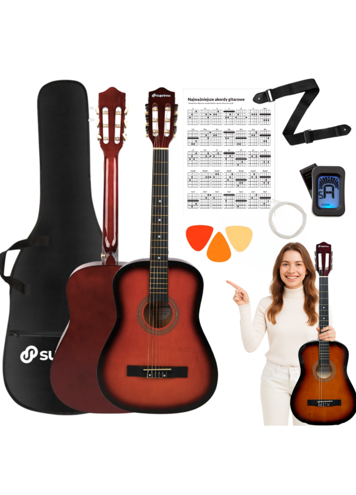 SUPRIMO CGS3 SB gitara klasyczna 4/4 sunburst do nauki dla początkujących tuner kostki pasek zapasowe struny pokrowiec akordy zestaw