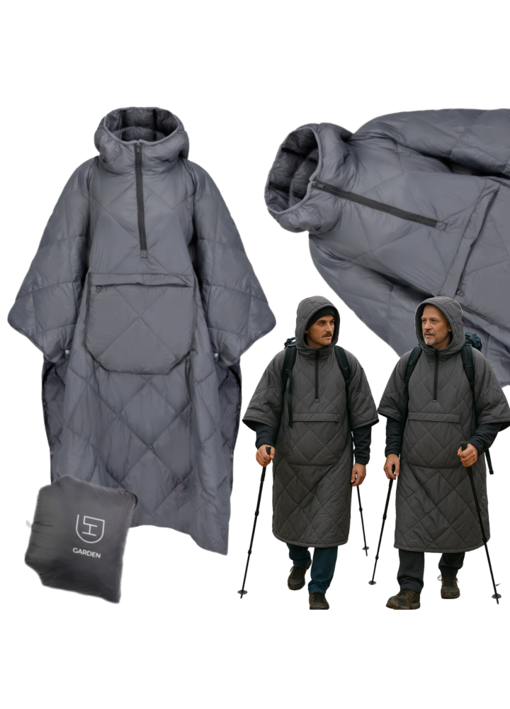 DH Garden Poncho Grey 145x115 cm kurtka płaszcz peleryna z kapturem duża kieszeń na zamek szara
