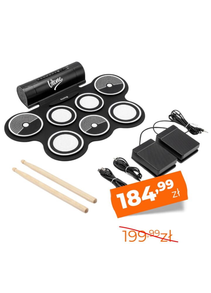 V-TONE RD7 perkusja elektroniczna zwijana USB-C AUX 7 padów pedały pałeczki wbudowane głośniki 2x3W wyjście słuchawkowe zestaw perkusyjny