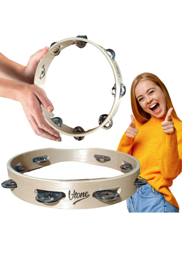 V-TONE T10 tamburyno tamburyn jednorzędowy 8 dzwonków drewniany naturalny 10 cali uchwyt