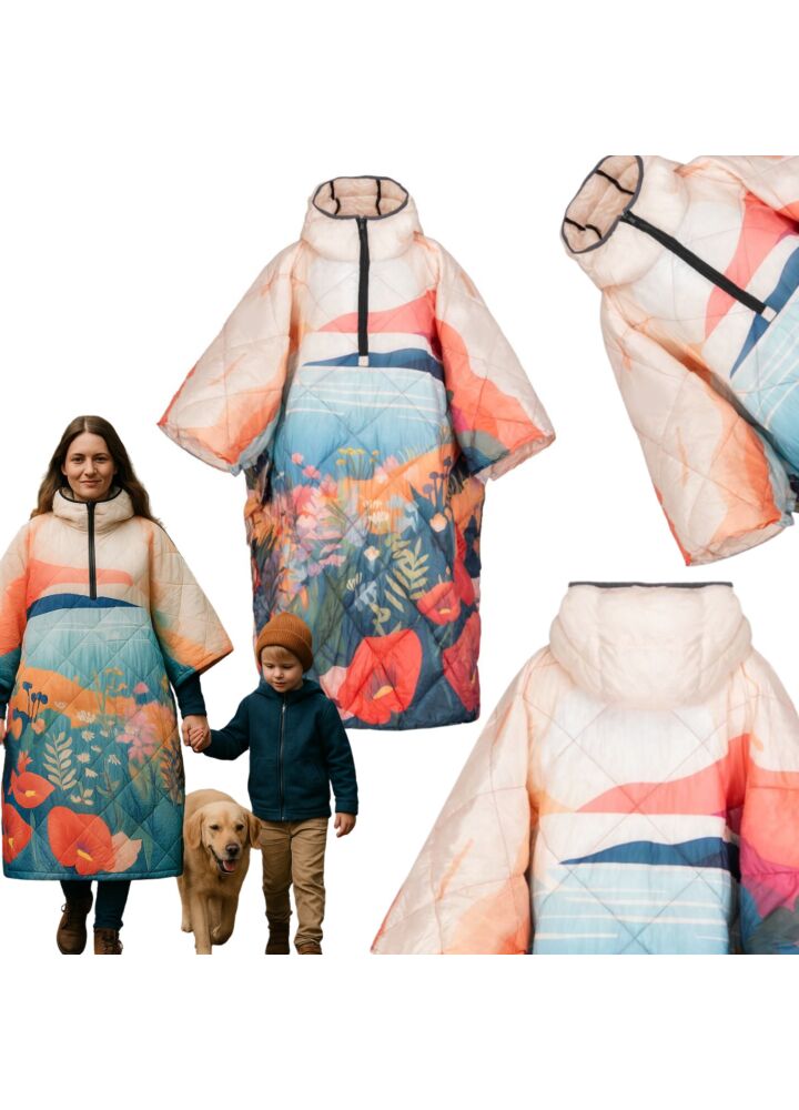 DH Garden Poncho Maki 145x115 cm kurtka płaszcz peleryna z kapturem duża kieszeń na zamek