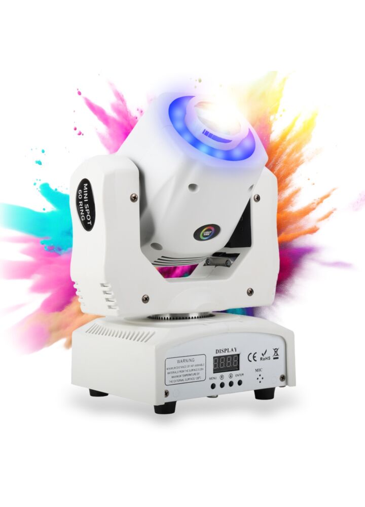 LIGHT4ME MINI SPOT 60 RING WH głowica ruchoma spot oświetlenie sceniczne 60W biała dioda LED + 12x0,2W RGB LED efekt ring pilot bezprzewodowy uchwyt montażowy omega