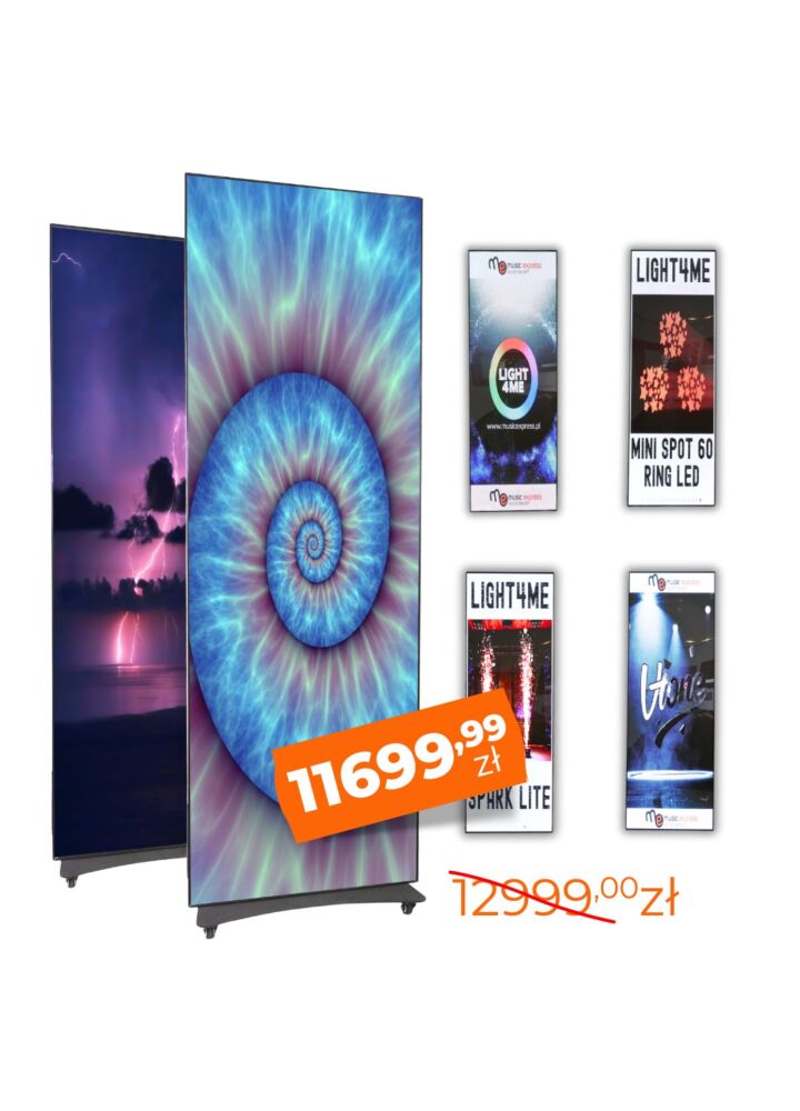 LIGHT4ME LED POSTER 2 ekran LED wyświetlacz wewnętrzny zdalnie sterowany P2.5 256x768 PC USB Wi-Fi Android HDMI zestaw 2 szt. case