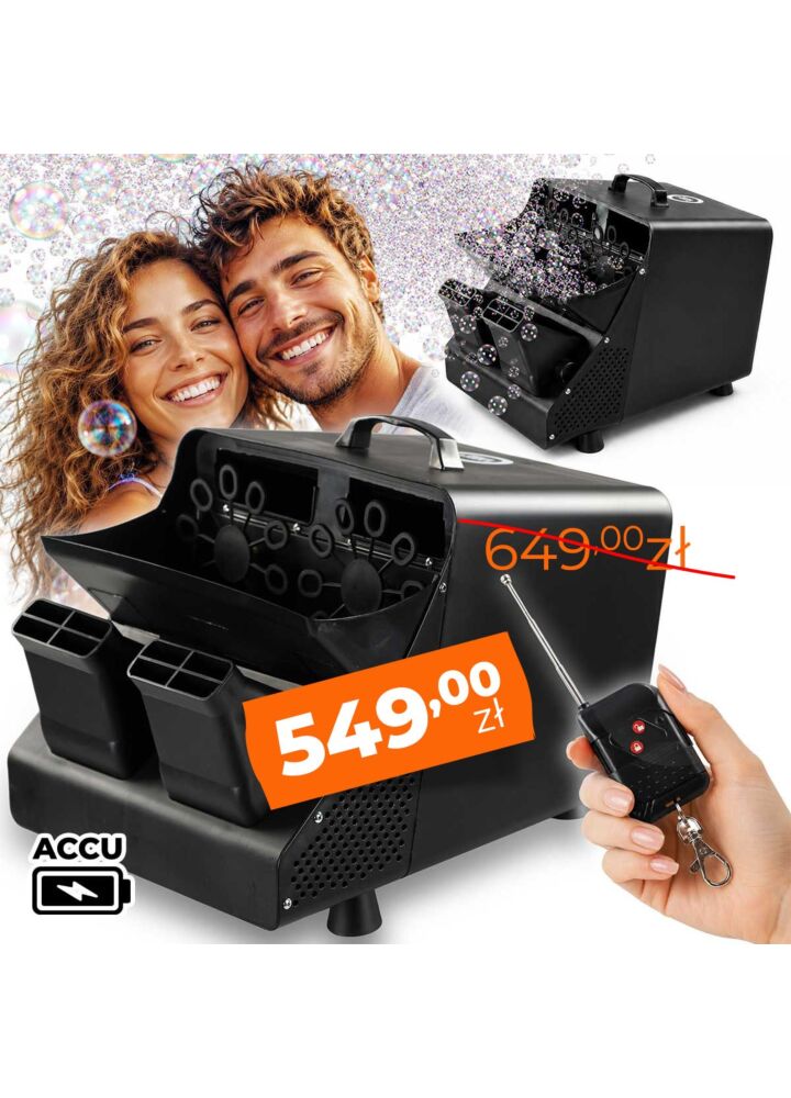 LIGHT4ME BUBBLE BIG ACCU wytwornica generator maszyna do baniek 30W czarna akumulatorowa 6000 mAh pilot bezprzewodowy regulowany kąt emisji praca automatyczna