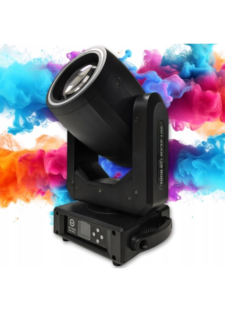 LIGHT4ME SKY BEAM 12R RING głowica ruchoma beam oświetlenie sceniczne DMX lampa wyładowcza 295W efekt ring 27x0,2W RGB SMD5050 LED 2x uchwyt montażowy omega