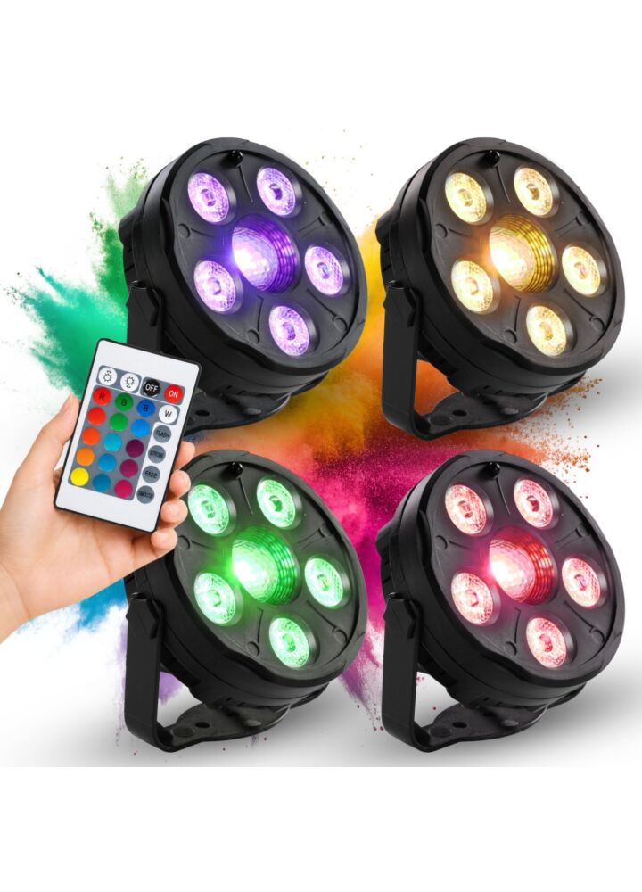LIGHT4ME 4PAR SET IR zestaw 4 reflektorów PAR LED RGB oświetlenie na imprezę DJ pilot bezprzewodowy uchwyty montażowe zasilanie sieciowe