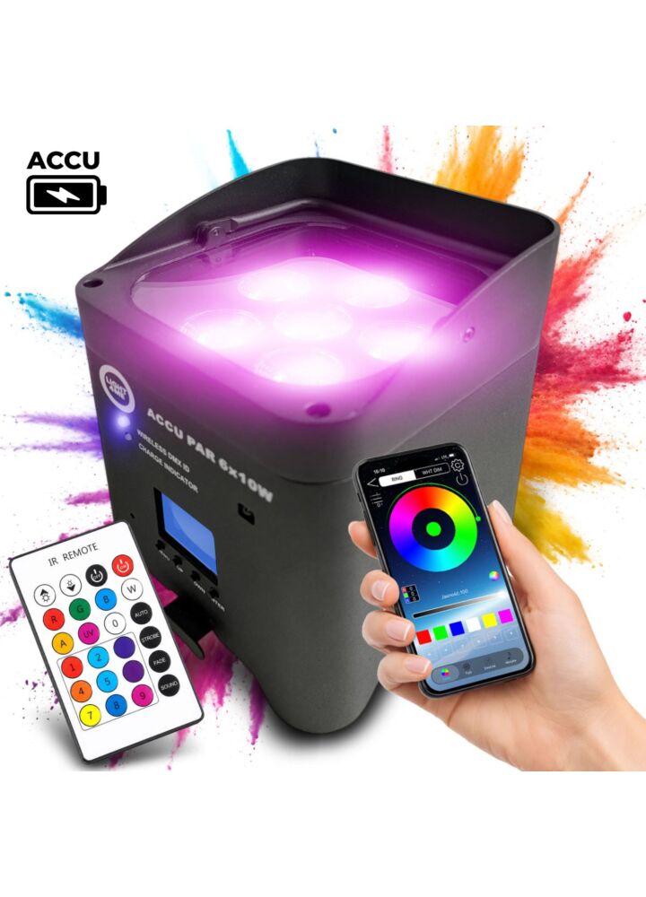LIGHT4ME ACCU PAR 6x10W RGBWAUV akumulatorowy reflektor par oświetlenie dekoracyjne LED DMX W-DMX Wi-Fi aplikacja mobilna 8800 mAh pilot bezprzewodowy