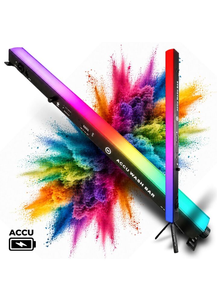 LIGHT4ME ACCU WASH BAR akumulatorowa listwa oświetleniowa wash bar LED DMX W-DMX 8800 mAh 192x0,3W RGB dyfuzor pilot bezprzewodowy statyw trójnożny do pracy w pionie 2x uchwyt montażowy