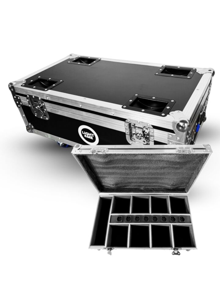 LIGHT4ME ACCU PAR 6x10W CASE 8IN1 skrzynia transportowa na 8 akumulatorowych reflektorów scenicznych ładowarka 8 gniazd elektrycznych przegroda na akcesoria 4 kółka mechanizm blokady